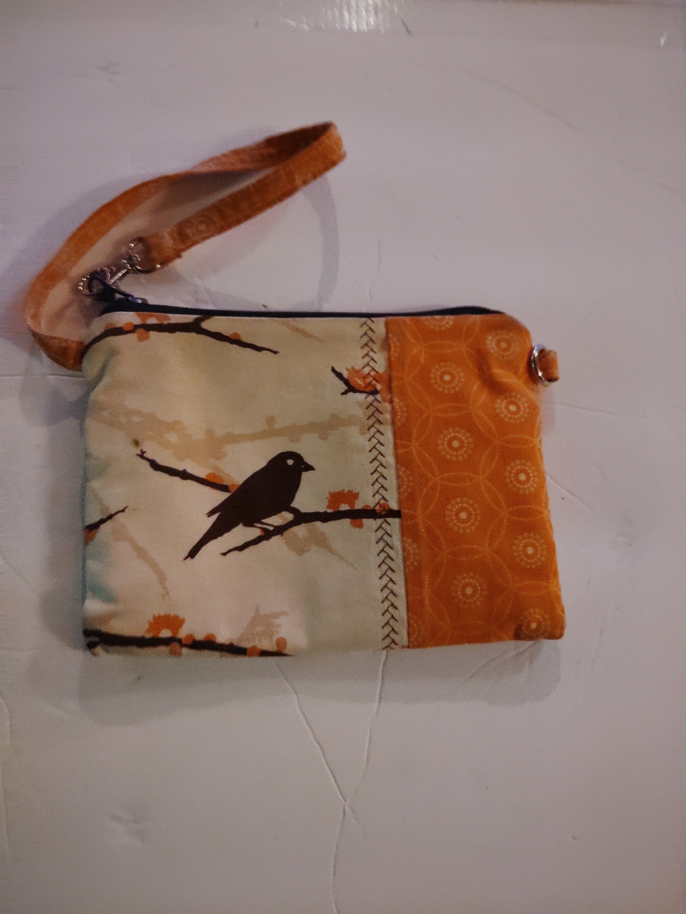 Bird Print Orange Wristlet Clutch